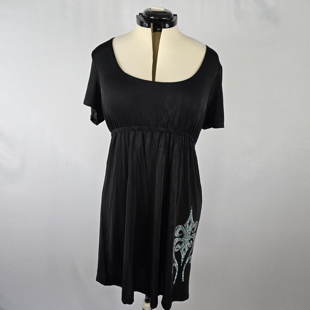 Relaxx by Exist Midi Silky Dress Women's 1X Black Short Sleeve Rhinestone NWT